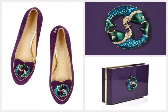 CHARLOTTE OLYMPIA CHARLOTTE OLYMPIA Pisces suede slippers, 595€ – CHARLOTTE OLYMPIA Pisces Pandora Perspex clutch, 795€