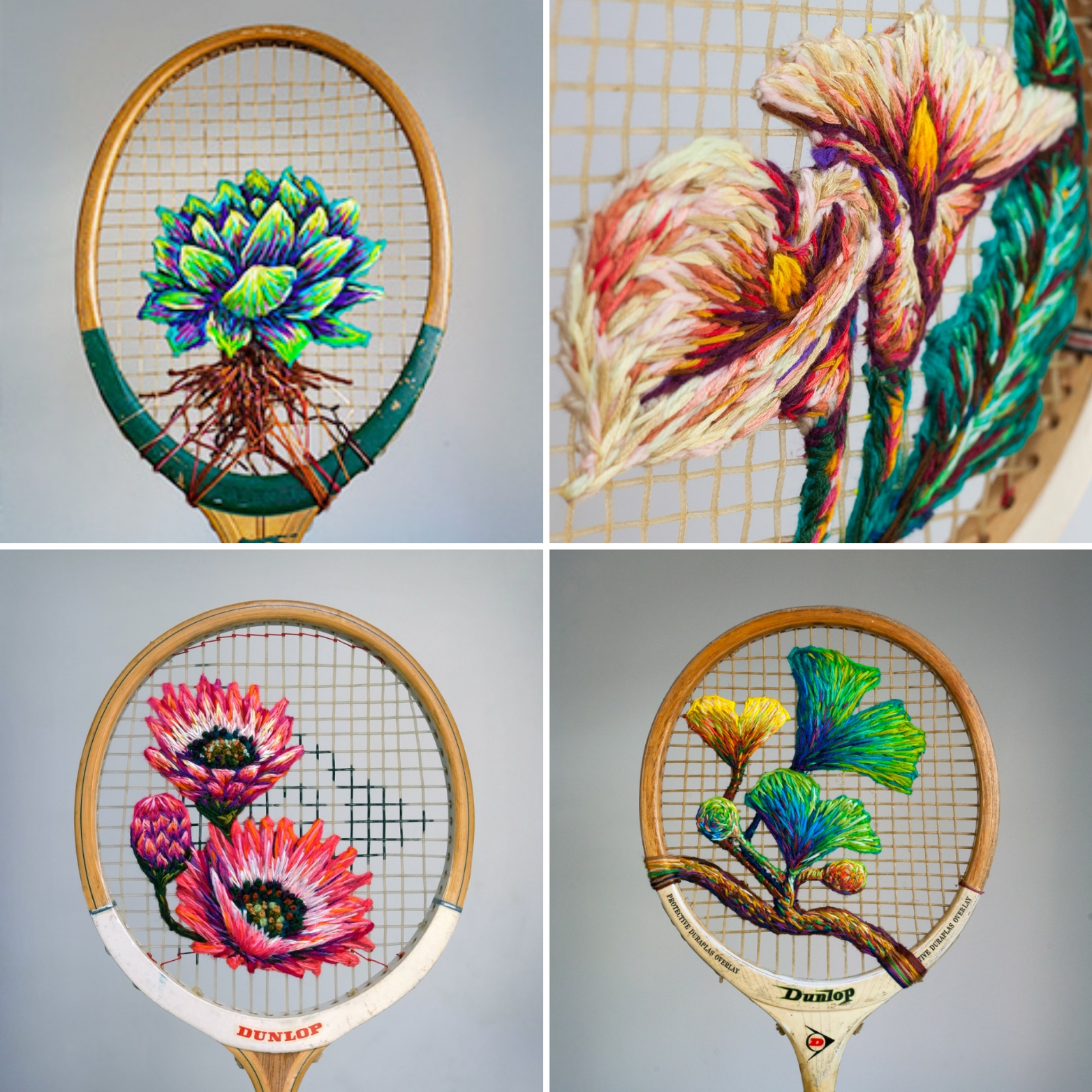 Danielle Clough crea sus bordados sobre las redes de raquetas